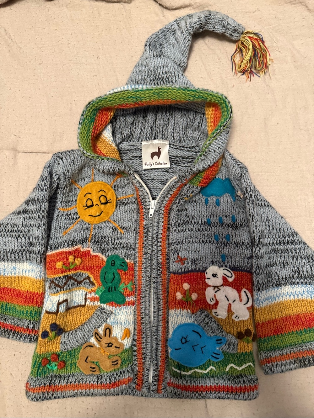Children's Hooded Knit Jacket with Sunny Animal Appliqués - Gray & Multicolor